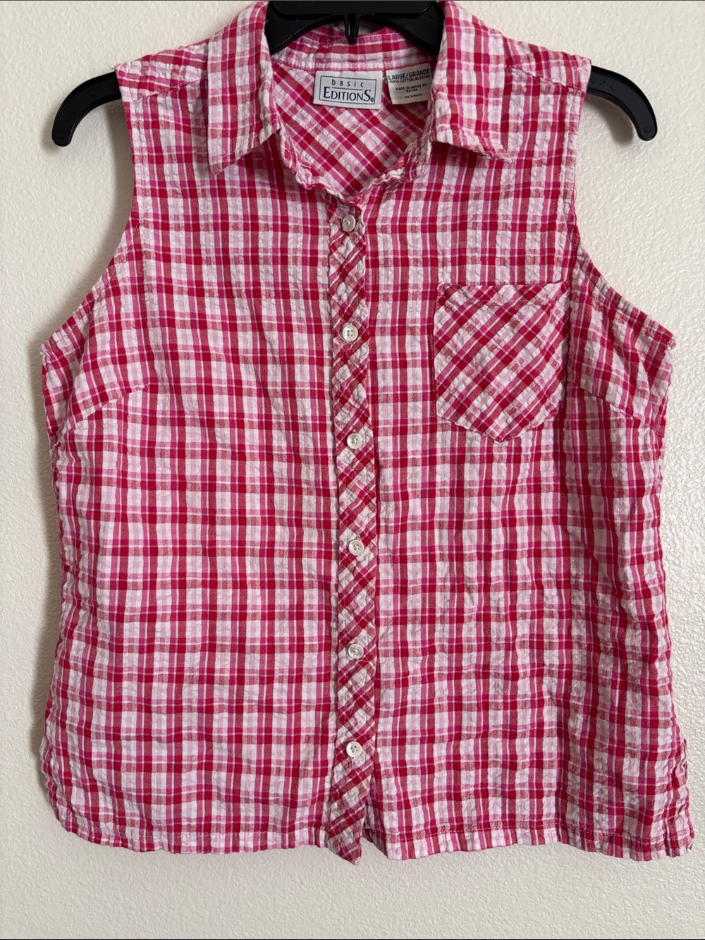 Basic Editions Pink and White Plaid Sleeveless Button-Up Blouse Size Large